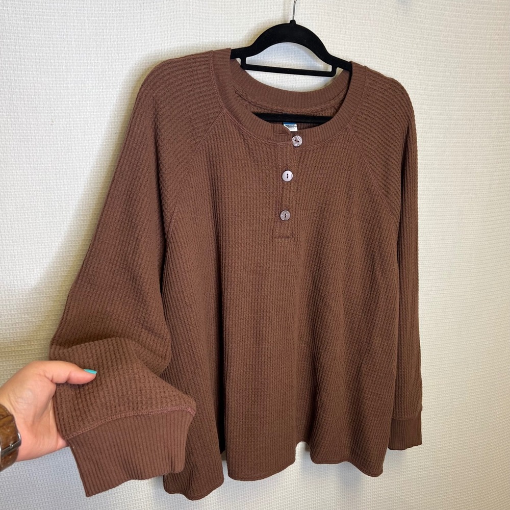 Old Navy Womens 3X Brown Waffle Knit Henley Long Sleeve Thermal Top XXXL